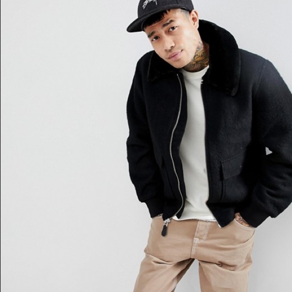 Stussy Wool Coat with Fur Collar